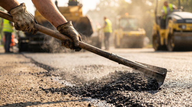 Road construction worker leveling hot asphalt with a shovel on a sunny day, closeup view of hands and tools during street repair