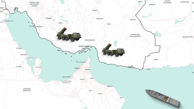 Military rocket launchers targeting a naval ship on a strategic map motion clip animation