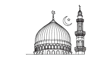 Fototapeta premium mosque dome and minaret line art vector illustration, Eid theme, black and white, white background white background vector icon , white background 