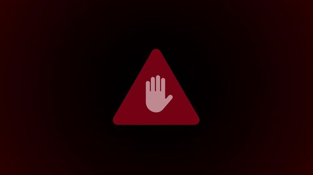 Animated stop hand sign in red triangle on dark background with red glow. Cinematic scale-up effect. Perfect for halt, warning, restriction, dramatic content. 16:9.