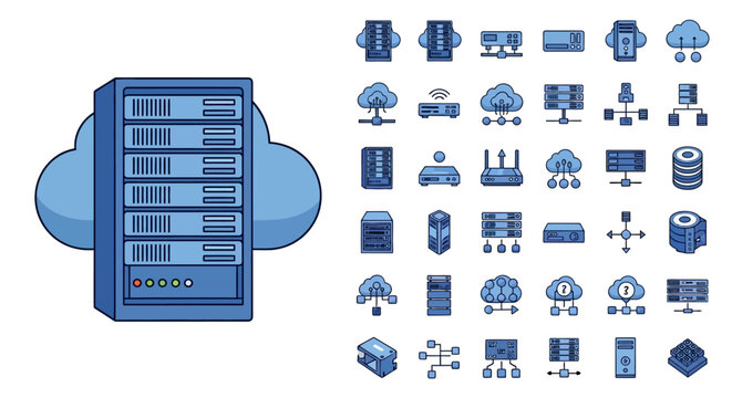 Server with various technology icons.