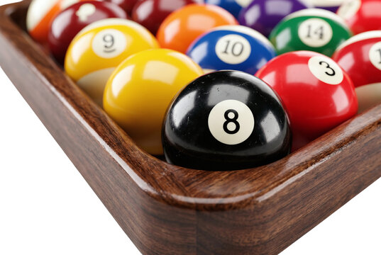 Eight ball at the corner of a wooden billiard rack