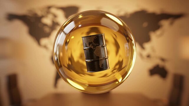 Oil barrel floating inside transparent sphere with blurred world map background symbolizes global energy crisis impacting petroleum supply shipping cargo transport challenges global oil industry