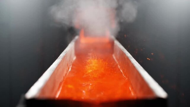 Cinematic view of intensely hot molten steel or magma flowing rapidly through a massive industrial cooling chute generating plumes of steam and bright orange sparks