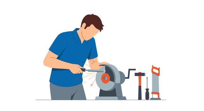 Man grinding metal tool on machine vector illustration against white background