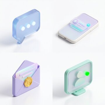 3D isometric digital communication icons with frosted glass chat bubbles.