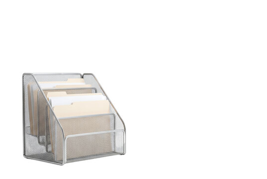 Silver metal mesh file organizer with manila folders