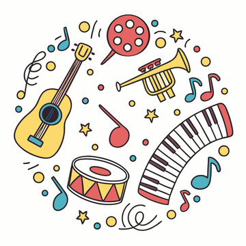 Fun musical instruments collection with red drum.