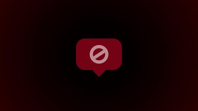 Animated chat bubble with prohibited sign on dark background with red glow. Speech bubble no symbol, cinematic scale-up fade. Perfect for blocked, banned, silenced content. 16:9.