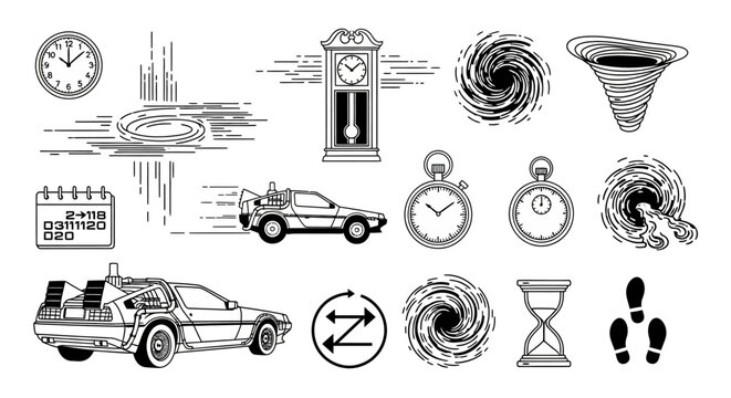 Timekeeping icons illustrate chronological sequence and dimensional.