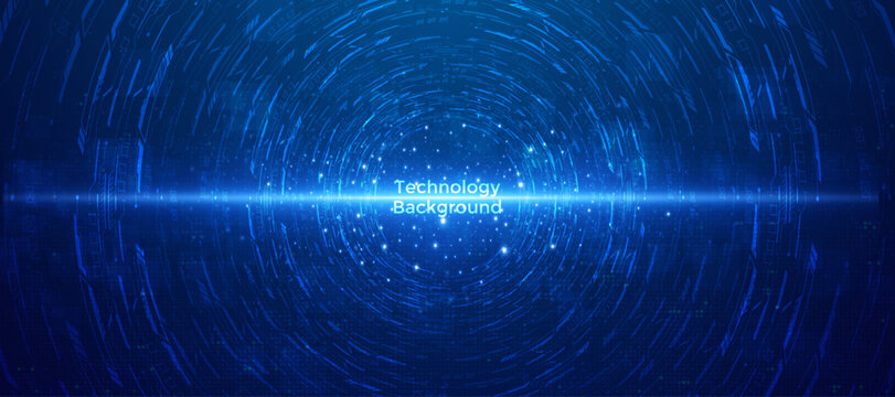 Futuristic Blue Cyber Tunnel Technology Background with Circular Digital Interface and Data Light Effect