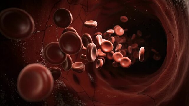 Close up view of red blood cells flowing inside a blood vessel illustrating human circulatory system and health