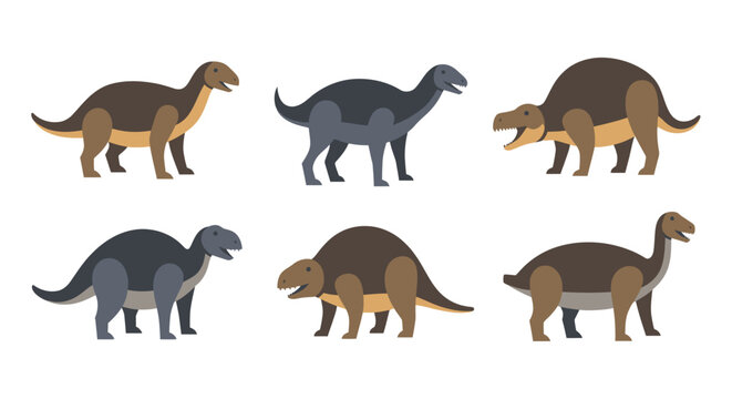 Set of cartoonish iguanodon dinosaurs in various poses isolated on white