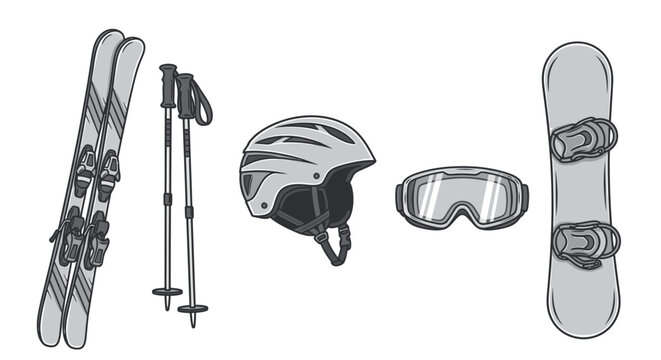 Winter sports equipment set skis poles helmet goggles snowboard illustration