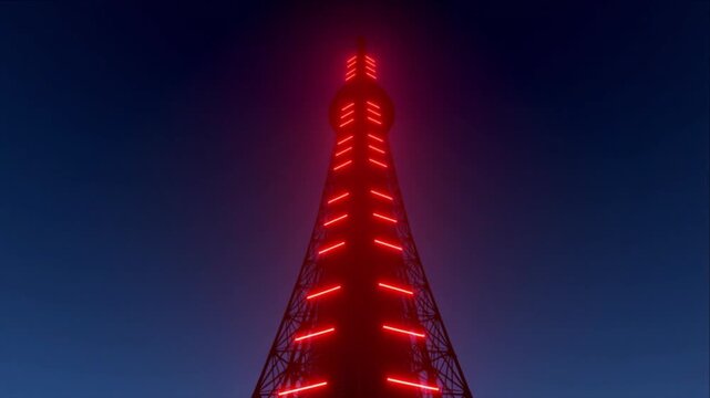 クリムゾンの航空障害灯を備えた放送塔の白い鋼鉄ラティス