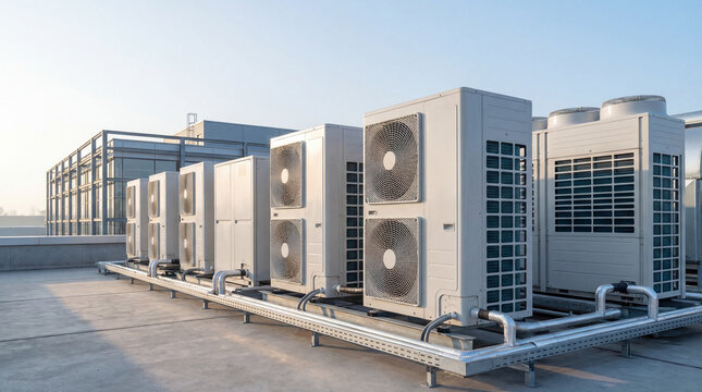 Modern rooftop air conditioning (HVAC) units and cooling systems on a commercial building under a clear sky