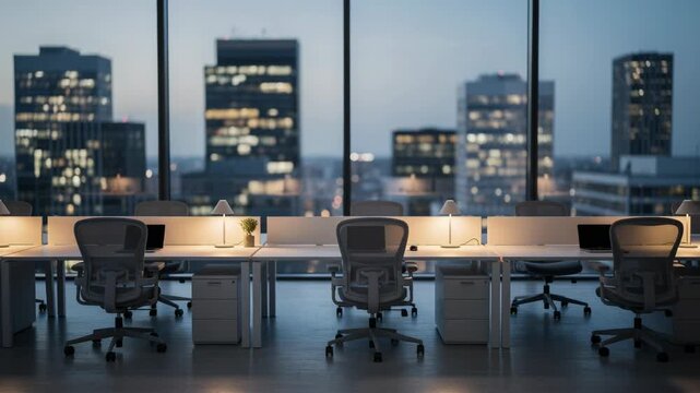 Modern empty office workspace with ergonomic chairs and city skyline view at dusk
