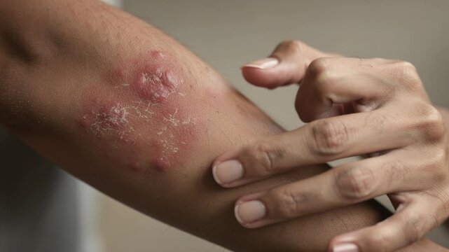 Close up of itchy irritated skin rash on arm with dry scaly patches and redness