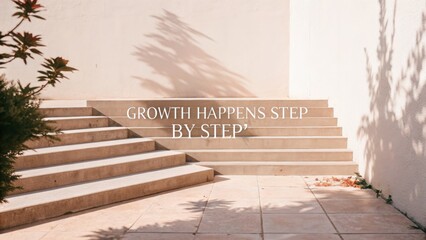 Naklejka premium Inspirational Quote on Growth and Progress Over Stairs with Shadows Cast by a Plant, Ideal for Personal Development and Motivational Themes