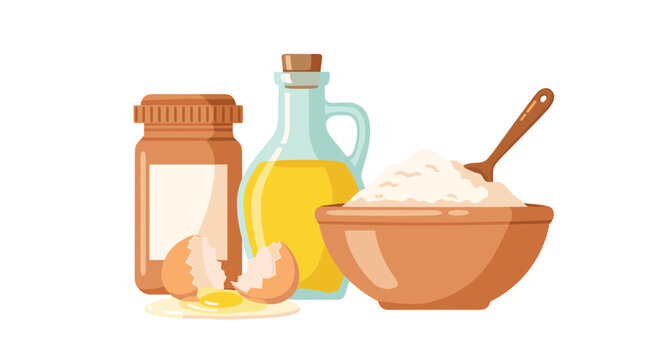 Cooking ingredients including a bottle of yellow oil, a bowl filled with white flour and a wooden spoon, and a cracked egg sit together on a plain white surface background.