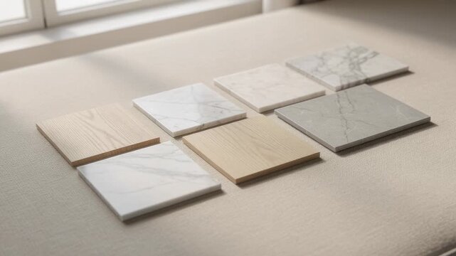Natural wood and marble tile samples for interior design and home renovation inspiration
