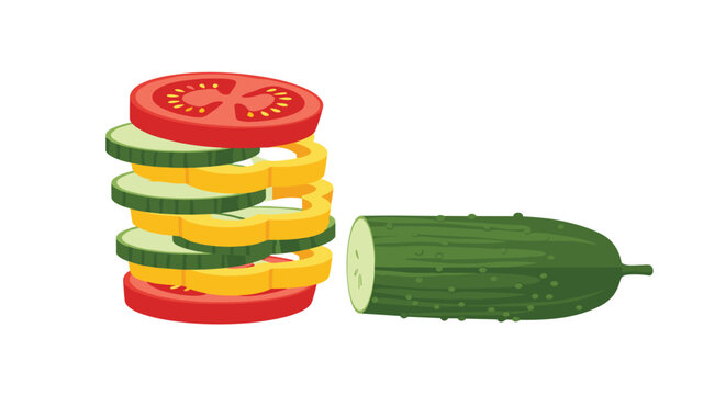 A colorful vertical stack of alternating tomato, cucumber, and yellow pepper slices rests beside a single half-cut cucumber on a clean, bright white background studio surface.
