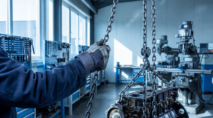 Fototapeta premium Worker in blue uniform holding a chain with a machine part in a bright factory workshop