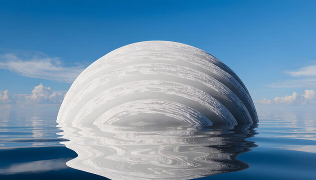 Beautiful nature landscape of a lake with white sphere on the lake reflecting a blue sky and clouds at the horizon