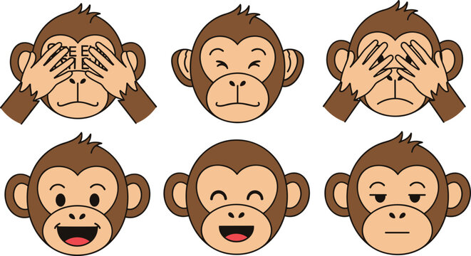 Cute Monkey Face Emotions See Hear Speak Cartoon Vector Illustration Set