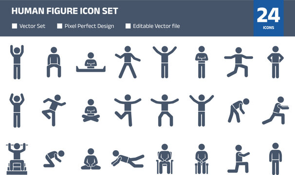 Human figure icon set with various body poses, activities and gestures in minimal stick person pictogram design for universal usage