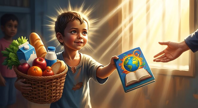 A Young Boy Joyfully Offers a Basket of Groceries and a Book About the World, Symbolizing Generosity and Knowledge Sharing