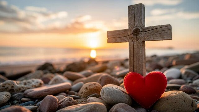 Wooden cross with red heart on rocky beach at peaceful sunset over ocean horizon