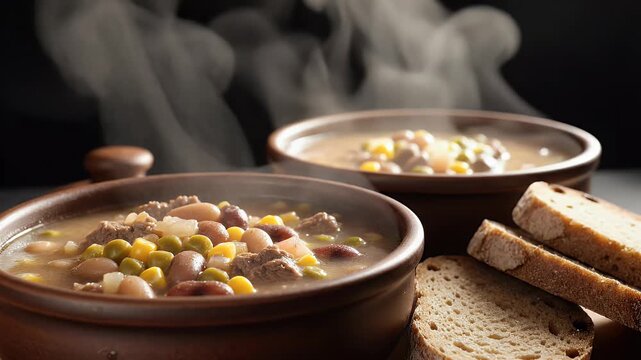 A close-up shot showcases two steaming bowls of hearty bean and meat stew served with rustic bread, creating a comforting and inviting culinary scene.
