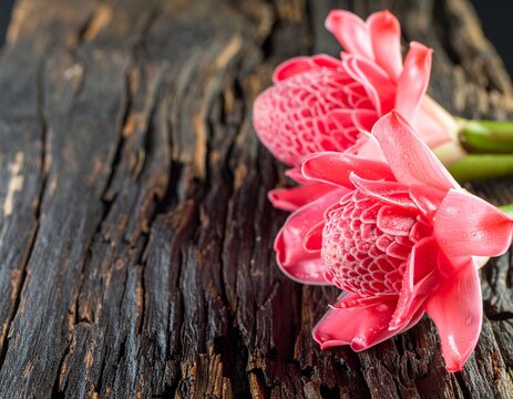 Fresh Bunga Kantan flowers arranged on vintage dark wooden background