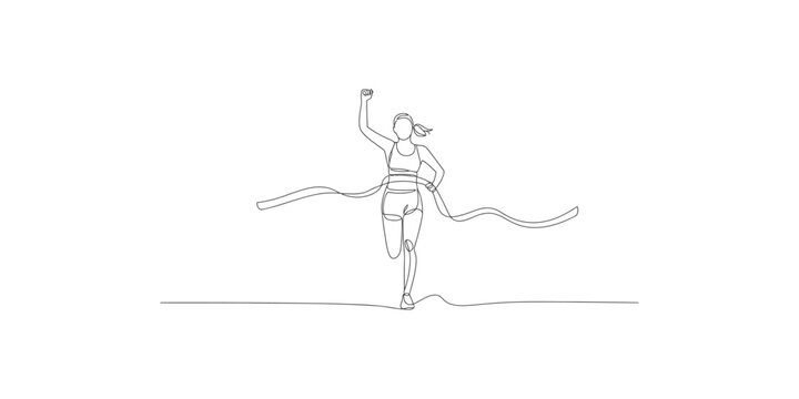 A woman in athletic wear running with her arm raised in victory