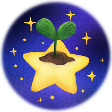 Star Watercolor Wall Art, Magical Night Sky Plant Illustration, Cute Fantasy Nursery Decor, Dreamy Aesthetic Printable