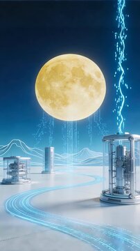 Futuristic moon base with glowing pathways