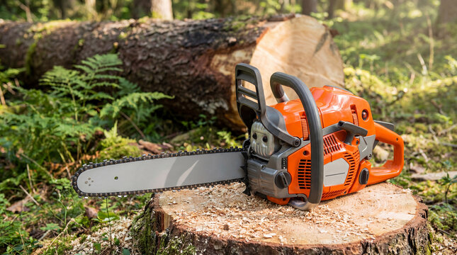 Orange chainsaw on a tree stump in a forest with fallen logs, sawdust, and green ferns