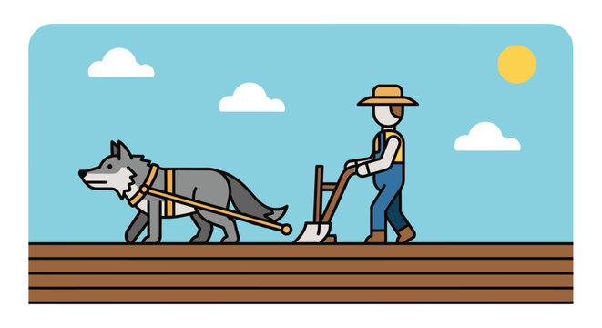 Farmer plowing field with wolf under sunny sky illustration