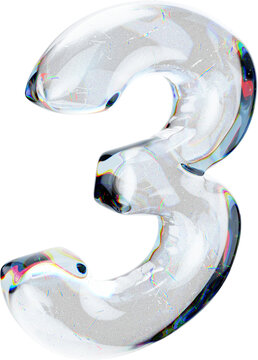 Dispersion Glass Number 3 or three 3d render trendy design. Modern abstract shape with glossy crystal finish isolated on a transparent background.