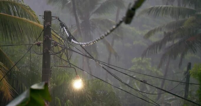 Heavy rain falls over power lines utility pole and palm trees in a tropical setting with a glowing street lamp illustrating wet season weather storm conditions and vulnerable outdoor infrastructure