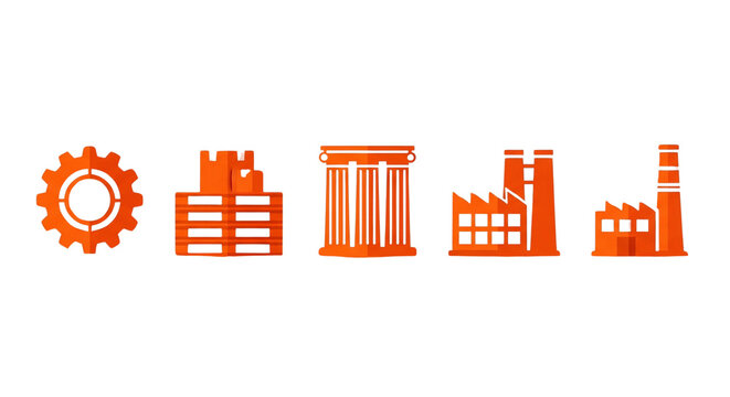 A series of orange industrial icons representing different manufacturing and factory elements on transparent background