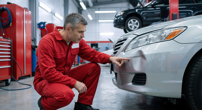 Professional mechanic inspecting a dented car bumper in a workshop. Auto body repair service concept