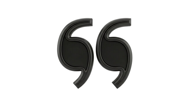 A graphic design features two large quotation marks with a glossy finish on a black background on transparent background