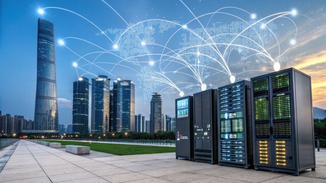 Modern cityscape with servers connected globally, illustrating digital data exchange and cloud computing at dusk.