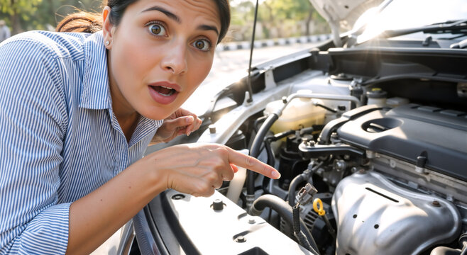 Surprised woman pointing at car engine. Young female driver looking at broken vehicle under hood. Automotive repair concept