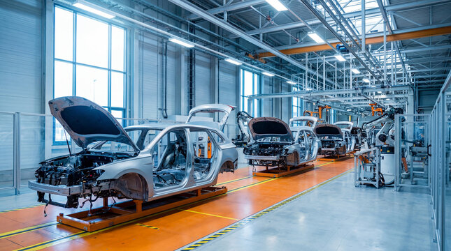 Automated car factory assembly line with unfinished vehicles, industrial robots, and a spacious, bright interior
