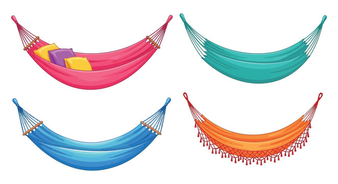 Vibrant colorful hammock vector illustration set featuring various relaxation beds with decorative pillows and fringe patterns