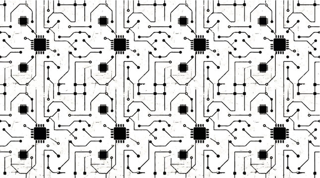 Abstract Digital Circuit Board Pattern with Black Microchip Connections on a White Background