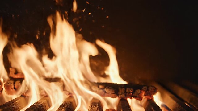 A close-up view showcases the glowing hot grill grates with intense flames flickering beneath, creating a warm and inviting atmosphere.